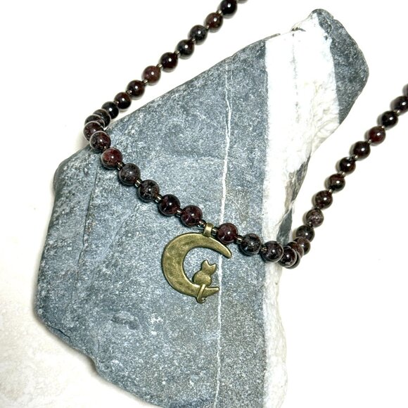 Deep Wine Red Garnet Short Necklace, Genuine Gemstone & Bronze Cat on the Moon - Picture 4 of 15